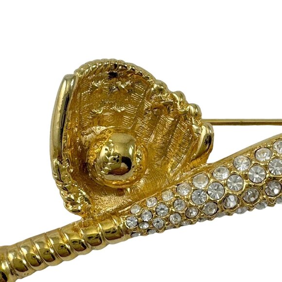 Cookie Lee Baseball Bat Glove Ball Brooch Novelty Pin Rhinestones Goldtone - Picture 2 of 6